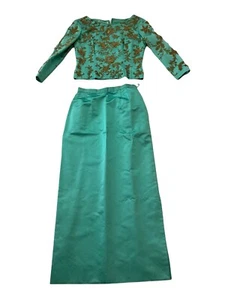 Vintage 1950s/60's Couture Beaded Exquisite Hong Kong 2 Pc Green Gold Skirt/Top - Picture 1 of 7