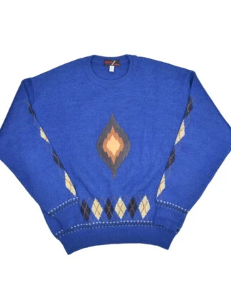 Brioni Sweater Mens 50 XL Blue Mohair Wool Crewneck Diamond Argyle Made in Italy - Image 1 of 4