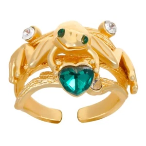Unique Frogs Hug Ring with Emerald Heart Animal Trendy Accessory - Picture 1 of 8
