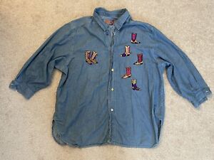 Groupy Brand Denim Button Up Shirt - Cowboy Boot Embroidery - Size Medium