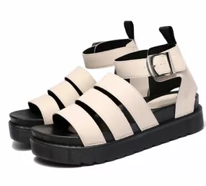 BEIGE FAUX LEATHER ON TREND 3 STRAP GLADIATOR SANDAL FOOTBED WITH BUCKLE - Picture 1 of 4