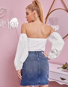 Off Shoulder Tie Neck Ruched Bust Hook And Eye Blouse - Picture 1 of 5