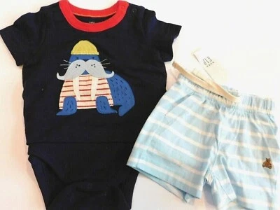 GAP Baby Boy Bodysuit & Shorts Blue Multicolor SIZE 3-6M Nautical Walrus New - Image 1 of 4