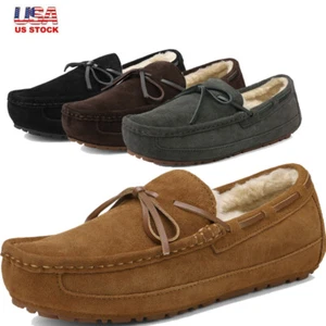 US Men's Suede Leather Slip On Loafer Moccasin Toe Slippers Faux Fur Lined Shoes - Picture 1 of 41