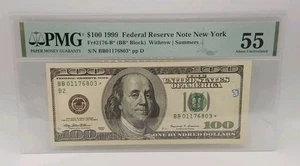 1999 $100 Federal Reserve Note New York Fr. #2176B* Star Note PMG AU 55 - Picture 1 of 3