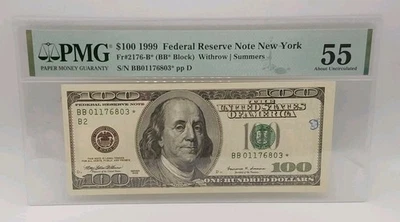 1999 $100 Federal Reserve Note New York Fr. #2176B* Star Note PMG AU 55 - Image 1 of 3