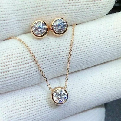 3Ct Round Lab Created Diamond Earrings &Pendant Jewelry Set 14k Rose Gold Plated - Image 1 of 4