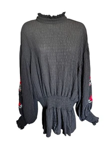 Entro Damen S Bluse schwarz gesmokte Taille Schößchen Langarm bestickt Blumen - Bild 1 von 12