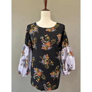 Ann Taylor LOFT Top XL schwarz zweifarbig Blumenmuster 3/4 Puffärmel Boho Bauer - Bild 1 von 11