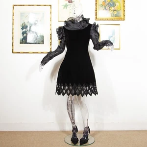 Vintage 1960s Black Silk Velvet Mini Dress Art Deco Inspired With Lace And Beads - Picture 1 of 8