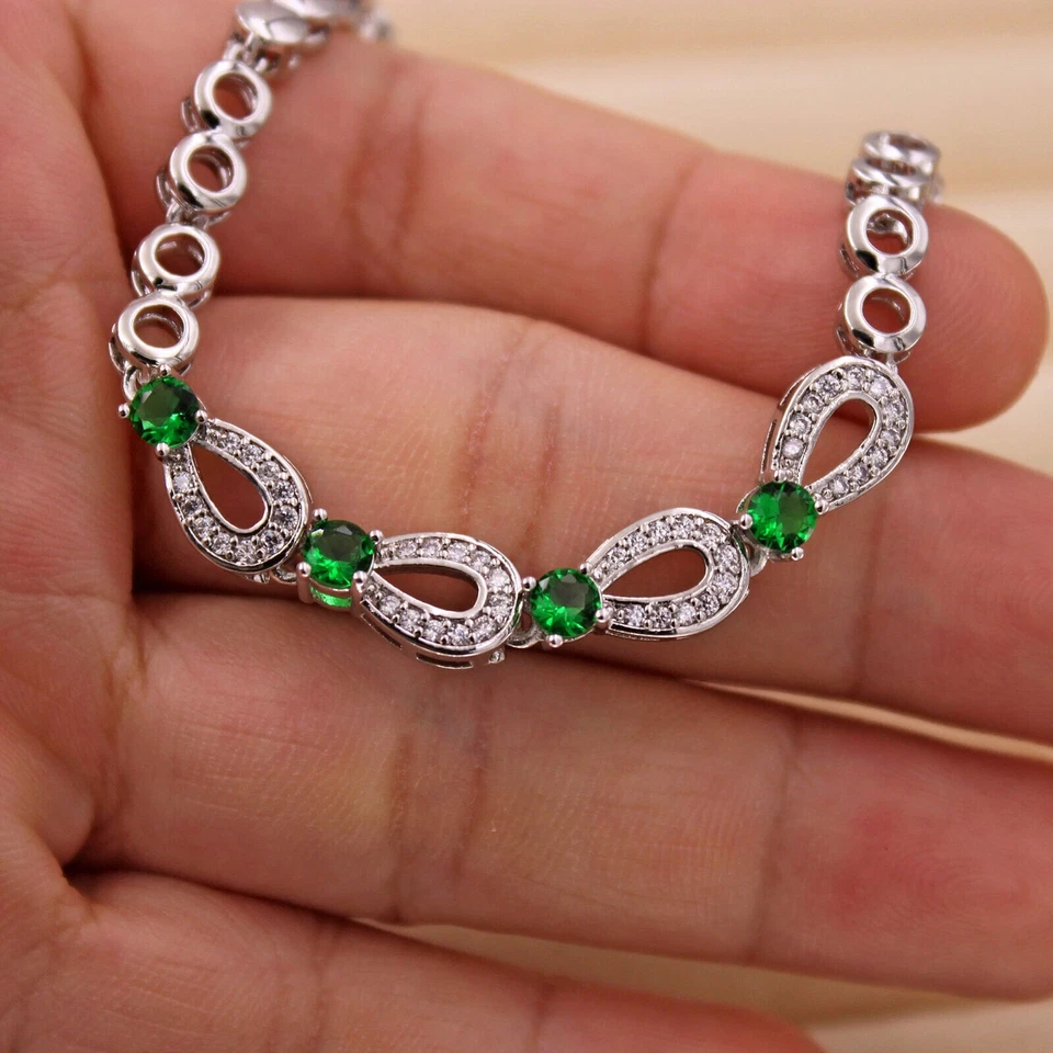 Bastante Nuevo Brazalete Estilo Tenis Eslabón Circonita Verde Relleno Oro Blanco 18K Plata 7.5" Foto 1 de 4