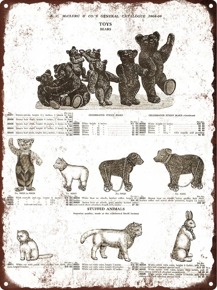 1908 Steiff Bears White Brown Cat Rabbit Dogs Metal Sign 9x12 60065 Foto 1 de 1