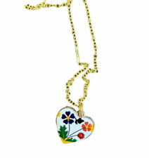 16” Gold Plated/toned White Heart Flower Enamel Charm Necklace 