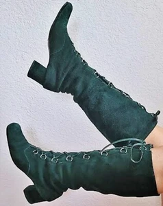 Vintage 60's 70's Mod Go Go Boots Green Suede Leather Lace Up 8.5 N Fits 7.5 / 8 - Picture 1 of 17