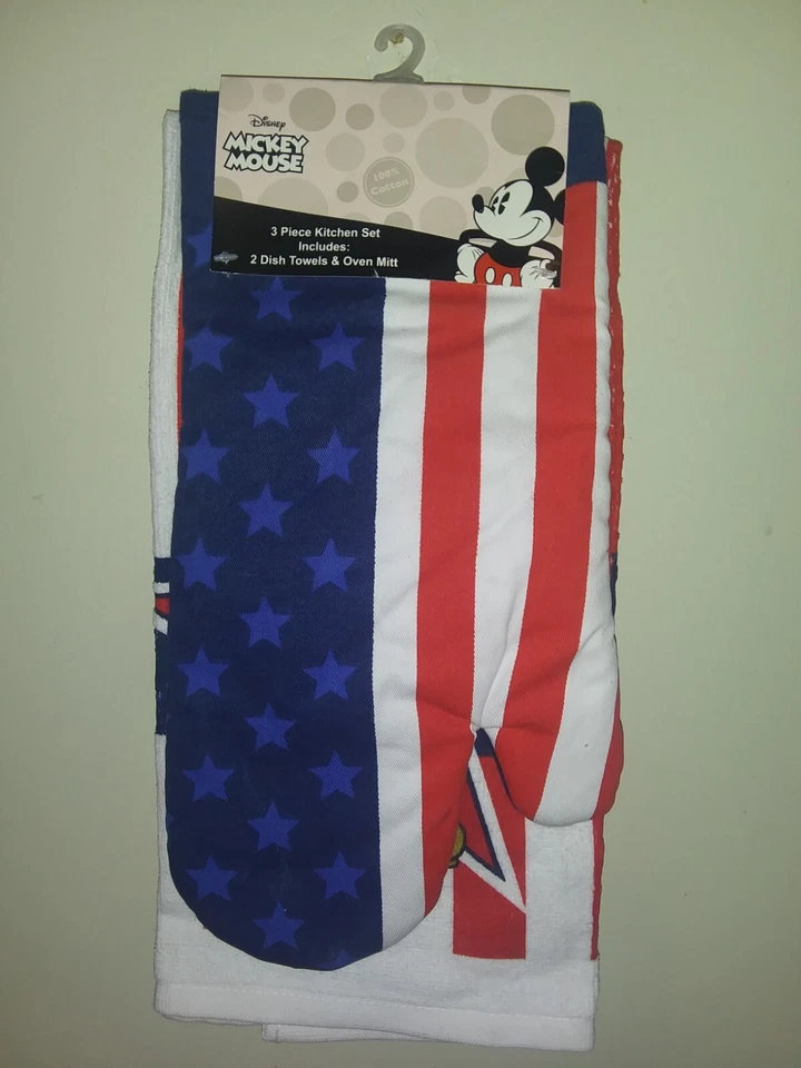 Disney MICKEY MOUSE 3-Pc Dish Towel Oven Mitt Set Stars Stripes Red White Blue
