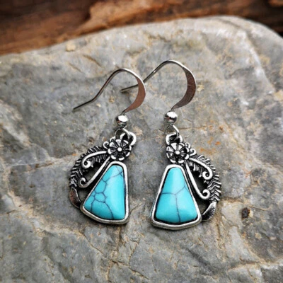 Beautiful Small Blue Turquoise Stone Feather Leaf Dangle Hook Silver Earrings - Image 1 of 2