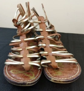 SAM EDELMAN KAMILLE-7.5M-LUGGAGE/GOLD LEATHER STRAPPY GLADIATOR-REAR ZIP-SANDALS - Picture 1 of 6