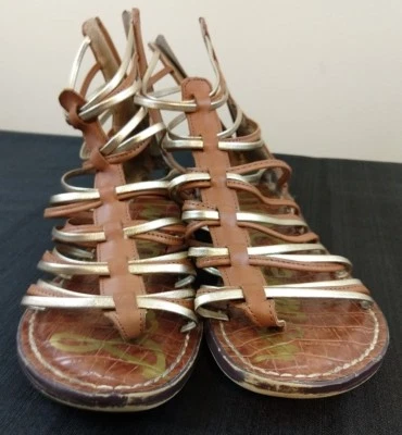 SAM EDELMAN KAMILLE-7.5M-LUGGAGE/GOLD LEATHER STRAPPY GLADIATOR-REAR ZIP-SANDALS - Image 1 of 4