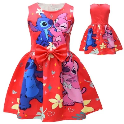 Stitch Lilo Girl Princess Dress Kid Sleeveless A-line bow tie Gown Red Skirt - Image 1 of 4