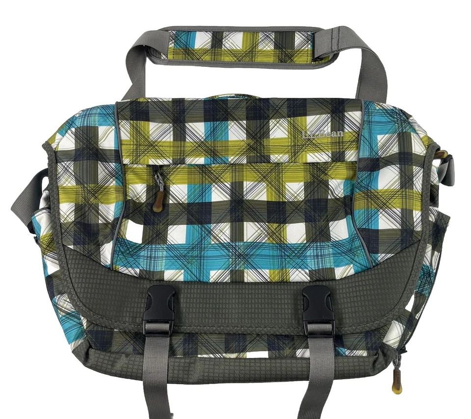 LL Bean 邮差包 便携式电脑包 绿松石 绿色格子 尼龙 分口袋 学校 — 第 1/4 张图片