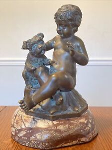 Bronze boy & Dog Sculpture on Marble Socle