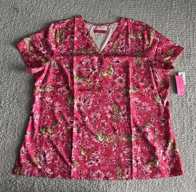 Blusa esfoliante Koi Betsey Johnson feminina 2X rosa bebê tigre floral enfermagem médica - Imagem 1 de 4