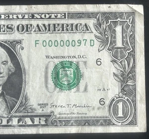 (SERIAL NUMBER 97!) $1 Very Low Two 2 Digit Fancy Serial Number F00000097D - Picture 1 of 3