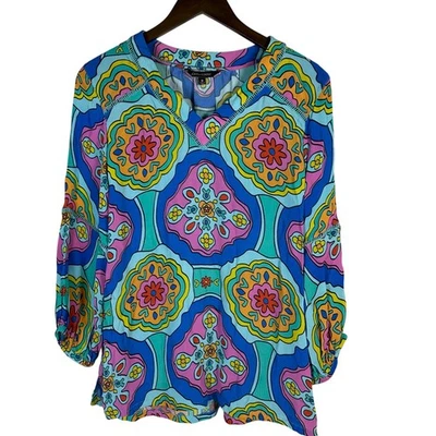 John Mark Pink Blue Geometric Floral V-neck Blouse M Colorful Retro Boho Artsy - Image 1 of 4