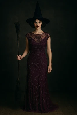 Disfraz de bruja aleta de la década de 1920 vestido con cuentas de ciruela Art Deco Gatsby vestido de Halloween S Foto 1 de 3