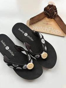 Lindsay Phillips SwitchFlops Black Platform Thong Sandals Wedge Heel Women 5 - Picture 1 of 7