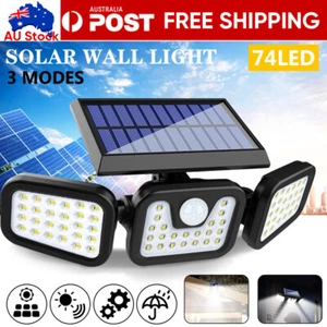 3 Head Solar Motion Sensor Light Outdoor Garden Wall Security Flood Lamp 74LEDs - Picture 1 of 12