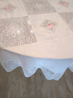 VINTAGE ROUND WHITE TABLECLOTH WITH LACE AND EMBROIDERY SQUARES, 5 NAPKINS