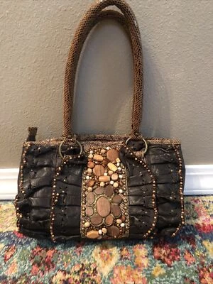 Bolso de mano vintage tonos de marrón MARY FRANCES cuero y cuentas de madera Foto 1 de 4