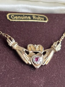 Irish Claddagh Hands & Heart Ruby Gold Filled Necklace 16" Vintage New In Box - Picture 1 of 6