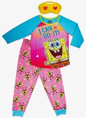 Calça pijama feminina Bob Esponja calça quadrada camisa lounge máscara para os olhos 6 7 8 10 12 nova com etiquetas - Imagem 1 de 3