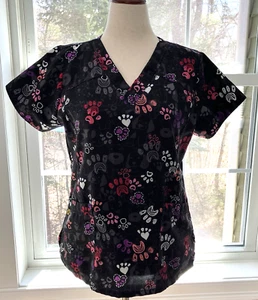 Wonderwink Womens Size Medium Black Paw Print Colorful Scrub Top Pockets Logo - Picture 1 of 15