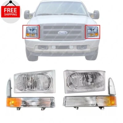 New Front Headlights + Corner Lights Left & Right Fits 2002-2004 Ford F250 F350 Foto 1 de 4