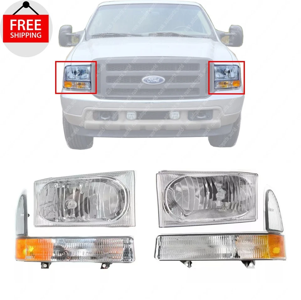New Front Headlights + Corner Lights Left & Right Fits 2002-2004 Ford F250 F350 Foto 1 de 4
