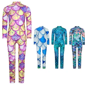 Kids Girls Costume Sport Bodysuit Party Jumpsuit Fish Scales Print Unitard - Picture 1 of 37