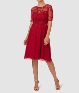 Papell Studio Women's Red Mesh Beaded Round Neck Short Sleeve Gown Dress Size 14 - Picture 1 of 2