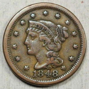 1848 Braided Hair Large Cent, Very Fine, Early Type Coin 0204-36 - Picture 1 of 2