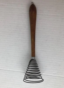 Whisk Spring Coil Wood Handle Open End 9" Vintage Mid Century - GUC - Picture 1 of 3