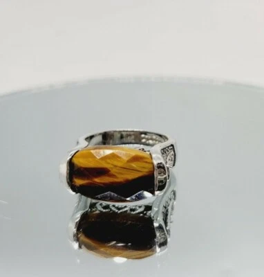 Lia Sophia TIGER EYE Cocktail Ring Size 6.5 Silver Tone Statement  - Image 1 of 4