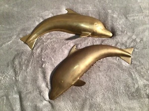 Pair Of Vintage Brass Dolphin Wall Hanging 13” Decor Sea Fish - Picture 1 of 4