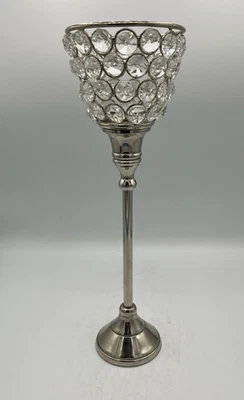 Silver Tone Stem Base Clear Crystal Beaded Candle Holder for Tea Lights Bling - Image 1 of 4