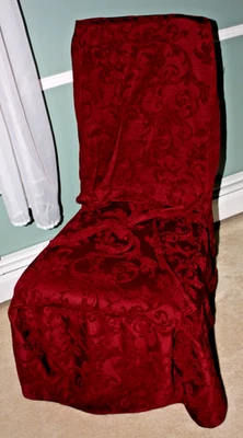 Set of 4 Dining Room Chair Covers Long Full Length Red with Ties Jacquard - Image 1 of 4