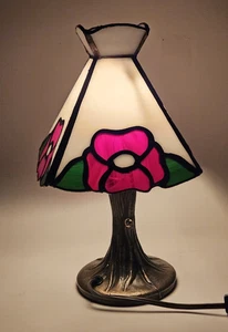 Vintage Tiffa-Mini Buntglas Tisch Fee Lampe rote Rose Design schwerer Fuß - Bild 1 von 9