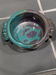 Bowl Pottery Blue Handles Hand Thrown Signed - Picture 1 of 5