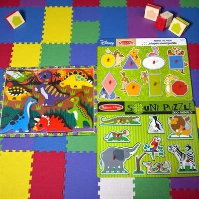 Melissa And Doug Wooden Puzzles Sound Shapes And Zoo Animals Plus Dinosaurs PICS - Image 1 of 4