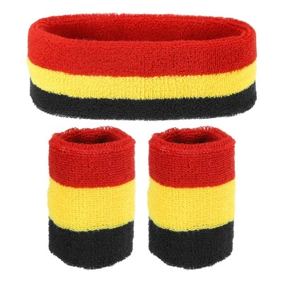 1 Headband & 2 Sport Wristbands Cotton Athletic Sweatband Yellow, Black, Red - Imagem 1 de 4